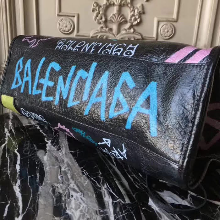 BALENCIAG巴黎世家 Graffiti Classic City38cm機車包 義大利爆裂紋羊皮 手繪彩色塗鴉 手提肩背斜挎包  BL1467